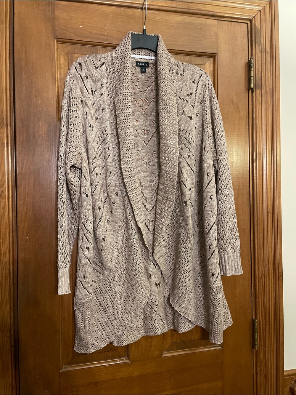 Torrid Open-Front Knit Camel Crochet Waterfall‎ Cardigan, Size 1 (Size L/XL)